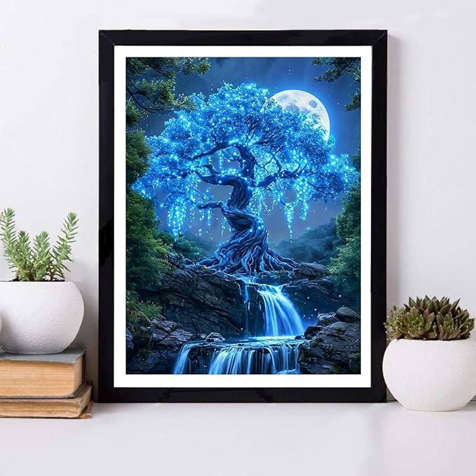 ijbnhd Tree of Life Diamond Art Kits for Adults, Tree of Life Diamond Painting Kits for Beginners, Round Full Drill Blue Scene Gem Art Crafts for Home Decor 12x16 inch