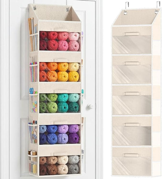 Ofiray-home Hanging Yarn Storage Organizer with 5 Drawers, Over the Door Large Capacity Knitting Organizer Storage&10 Mesh Side Pockets, Hanging Yarn Holder for Knitting Needles, Crochet Hooks- Beige