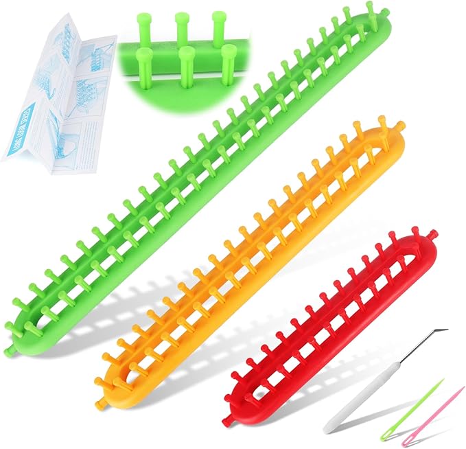 Katech 3 pcs Rectangle Knitting Looms Kit Sparse Pegs Loom Knitter Different Sizes Colorful Plastic Weaving Looms Set DIY Yarn Weaving Kits with a Crochet Hook and Needle (Color is Random)