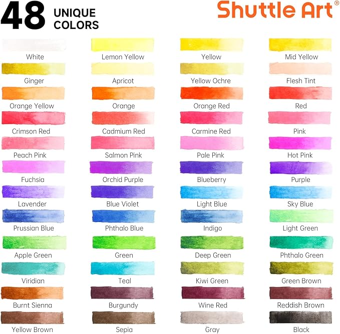 Watercolor Paint Set, Shuttle Art 48 Colors Watercolor Paint in Half Pans with 2 Water Brush Pens, 10 Paint Brushes, 1 Watercolor Pad, 1 Palette, 2 Color Charts, Watercolor Kit for KidsAdults, Artists