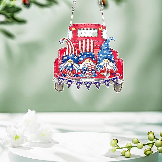 AiYuanzsh Red Car Gnome Diamond Painting Hanging Kit, 5D DIY Acrylic Special Shaped Diamond Art Pendant Ornament with Chain, Independence Day Wall or Door Decor, July 4th Crystal Art Kit for Adults