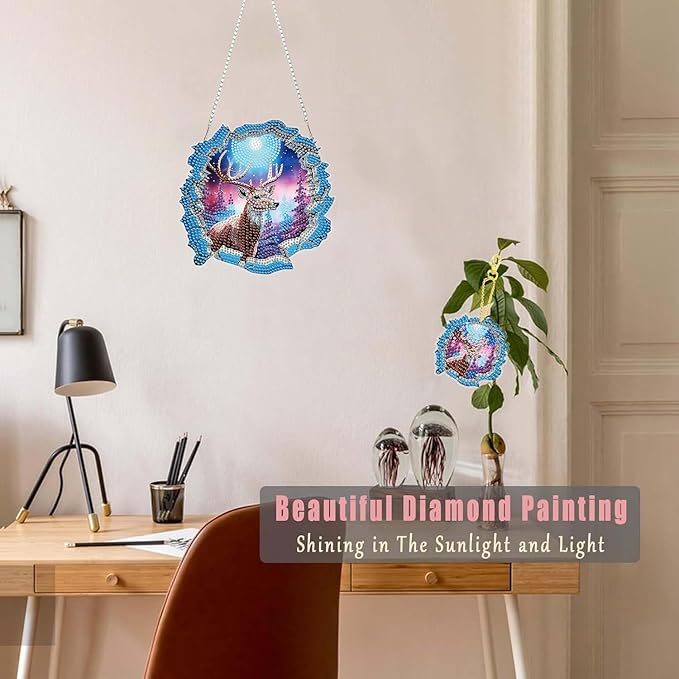 Masendp Deer Diamond Painting Hanging Ornament Kit, DIY Special Shaped Rhinestone Window Hanging Kit, Suitable for Home and Garden Wall Decoration Gifts