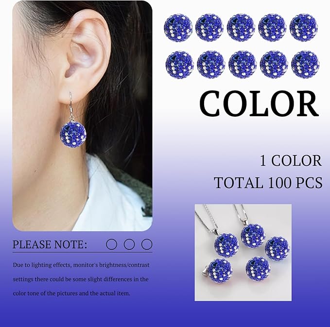 10mm Grade A White with Blue Sparkle Rhinestone Beads for Baseball Necklace-Round Disco Ball Bead Rhinestone Clay Beads for Earring Jewelry Making,Necklace Bracelet,DIY Craft Supplies(100 pcs)