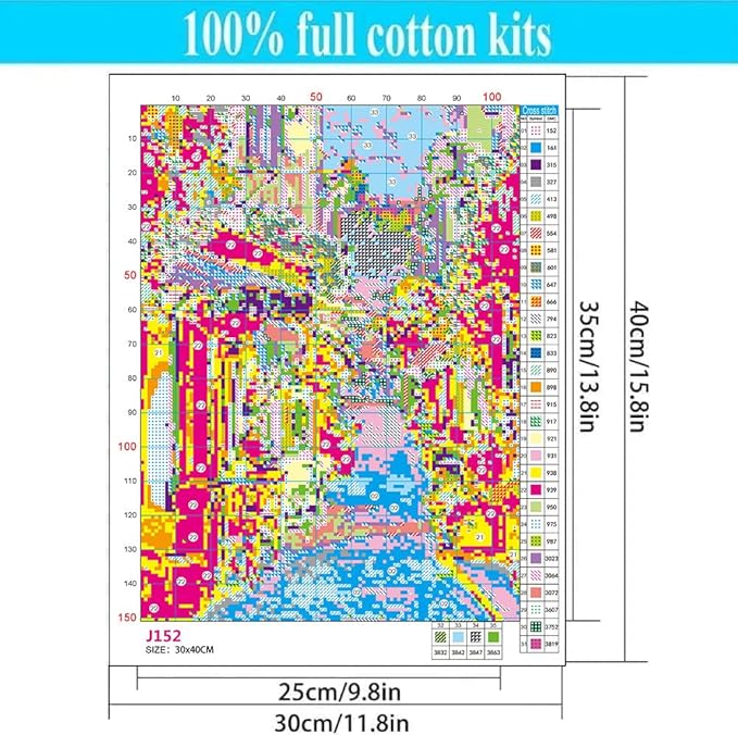 Landscape Stamped Cross Stitch Kits - Flowers Street Scenery Counted Cross Stitch Kits for Beginners Adults Needlepoint Cross-Stitch Patterns Dimensions Needlecrafts Embroidery Kits Arts and Crafts