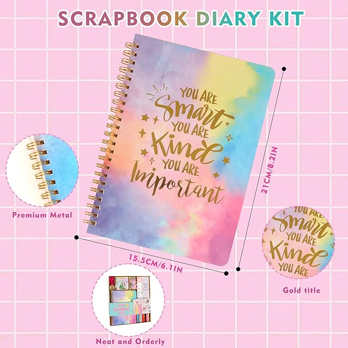 DIY Journal Kit for Girls, Teen Tween Girl Gifts Trendy Stuff, Stocking Stuffers, Scrapbook Supplies Stationery Set, Art Crafts Kit Ideal Gifts for Ages, 8 9 10 11 12 13 14 Year Old Girl