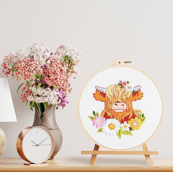 Louise Maelys Highland Cow Embroidery Kits for Beginners,Cross Stitch Kit for Adults,DIY Needlepoint for Starters Including Cloth Hoop Needles Instruction and Threads