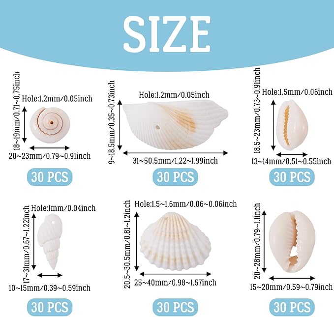 Cheriswelry 210pcs/box 21.5-24.5mm Natural Shell Making Finding Kit Ocean Beach Style Seashell Beads Pendants for DIY Necklace Bracelet Jewelry Making Hole:1.5-1.6mm