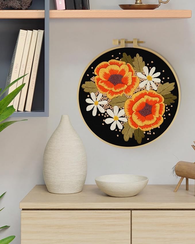 ERKOON Embroidery Kit for Beginners, Flower Cross Stitch Set Include Embroidery Cloth Hoops Threads for Craft Lover Hand Stitch with Embroidery Skill Techniques (Floral)