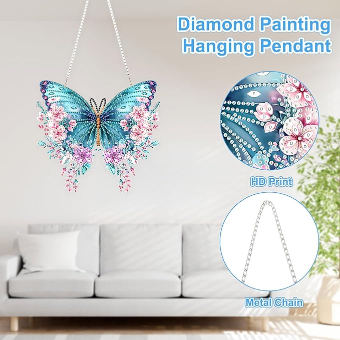 TOSTOG Diamond Art Hanging Kits for Adults, 5D Flowers Diamond Painting for Adults Window Pendant, Special Shape Diamonds DIY Lovely Butterfly Diamond Painting Hanging Pendant Kit for Wall Decor Gift