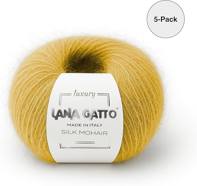Silk Mohair Yarn for Knitting – Lace Weight Mohair Yarn with Silk, Made in Italy – Yellow-14531, 5 Skeins