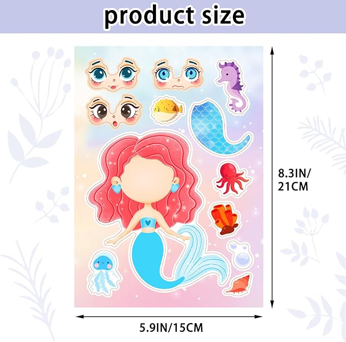 24 sheets 8.27''×5.9'' make your own mermaid stickers for kids toddlers, make a face stickers for kids party favors activities