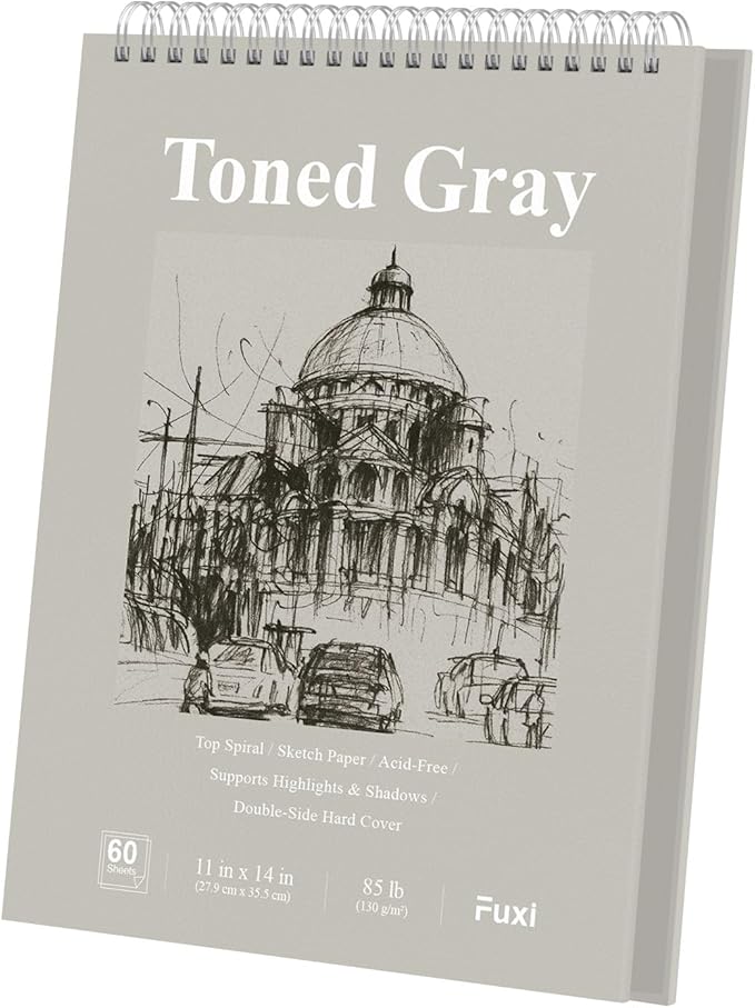 fuxi toned gray sketchbook 11x14, large drawing pad, 60 sheets (85lb/130gsm) spiral bound, harcover artist sketchbook for pencil, charcoal for artists & students.