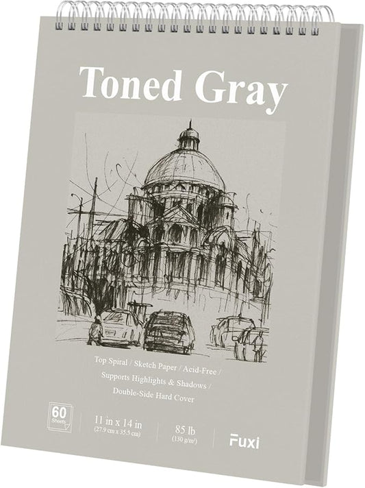 fuxi toned gray sketchbook 11x14, large drawing pad, 60 sheets (85lb/130gsm) spiral bound, harcover artist sketchbook for pencil, charcoal for artists & students.