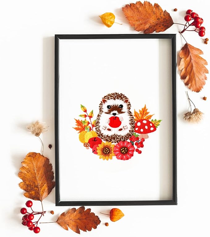 Louise Maelys Animal Embroidery Kits for Beginners with Autumn Hedgehog Pattern,Adults Starter Cross Stitch Kit DIY Needlepoint