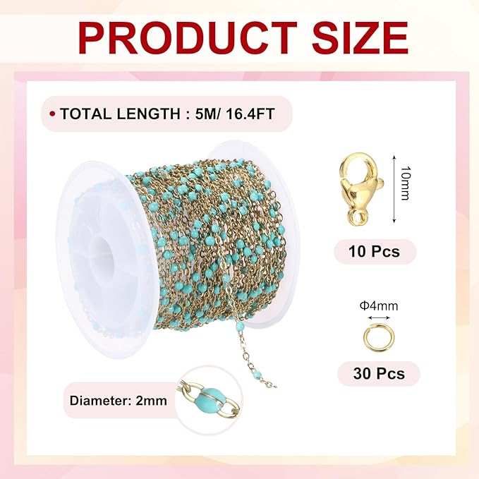 MECCANIXITY Stainless Steel Bead Chain, 16.4 Feet/5M Enamel Beaded Jewelry Link Cable Chains Spool Kit for Jewelry Making, Necklace, Bracelets, DIY Crafts (Gold/Pine Green, Pack of 1)