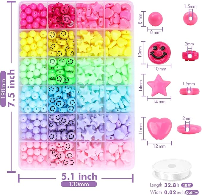 Miss Rabbit Candy Color Acrylic Heart Beads Star Beads Plastic Bead Kit Cute Pastel Bead for Bracelets Jewelry Making DIY Crafts Necklace Phone Charm