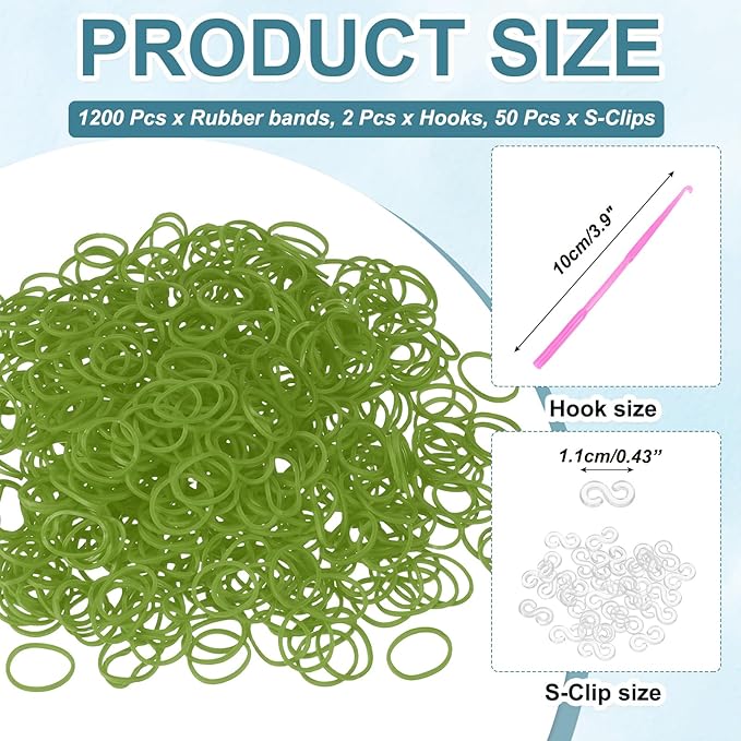 MECCANIXITY 1200 Pcs Loom Rubber Bands Kit with 50 Pcs S-Clips 2-Hooks Rubber Bands Refill Bracelet Making Kits for Weaving DIY Handcrafts Gift, Green