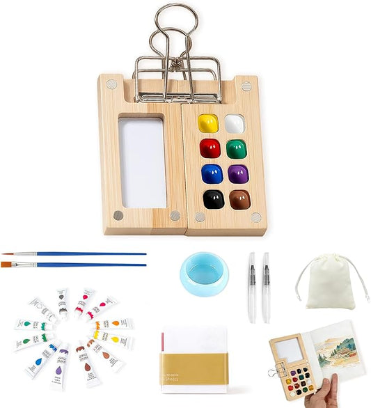 Mini Watercolor Paint Set Bamboo Travel Kit with Watercolor Palette Paintbrush Storage Bag and Water Storage Bottle Ready to Use Watercolor Sets for Artists and Beginners（8 Squares）