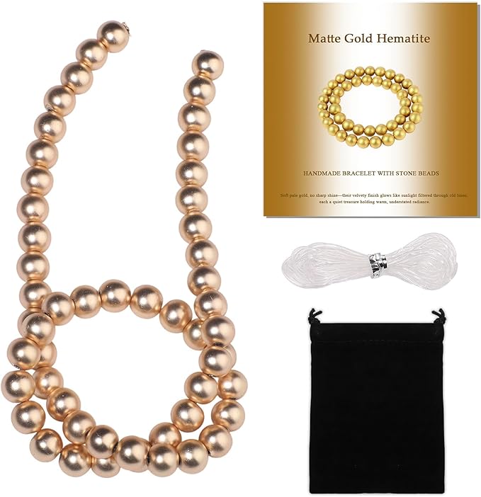 Stone Beads, 45pcs Matte Gold Hematite, 8mm Round Loose Beads for Jewelry Making, Bracelets, with Bag, String & Card