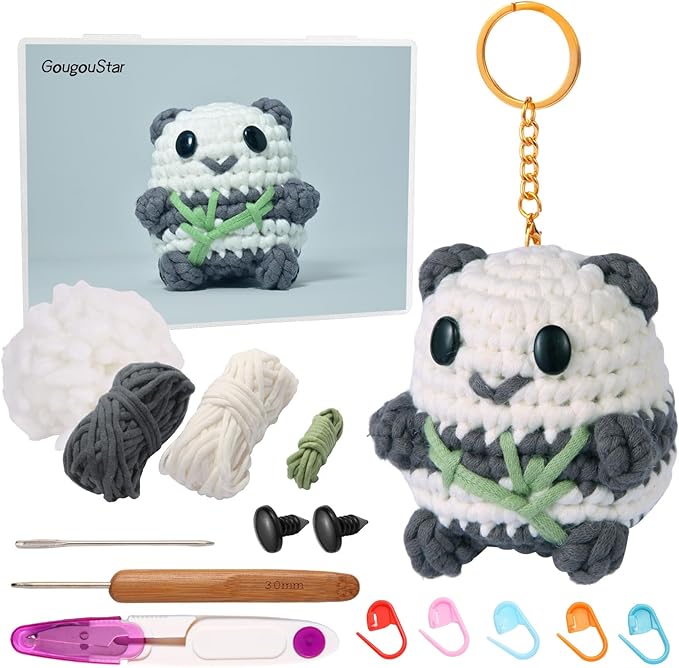 GougouStar Crochet Kit for Beginners, Animal Crochet Kits, Knitting Kit with Step-by-Step Video Tutorials and Crochet Accessories - Amigurumi Beginner Crochet Kit (Gray Panda)
