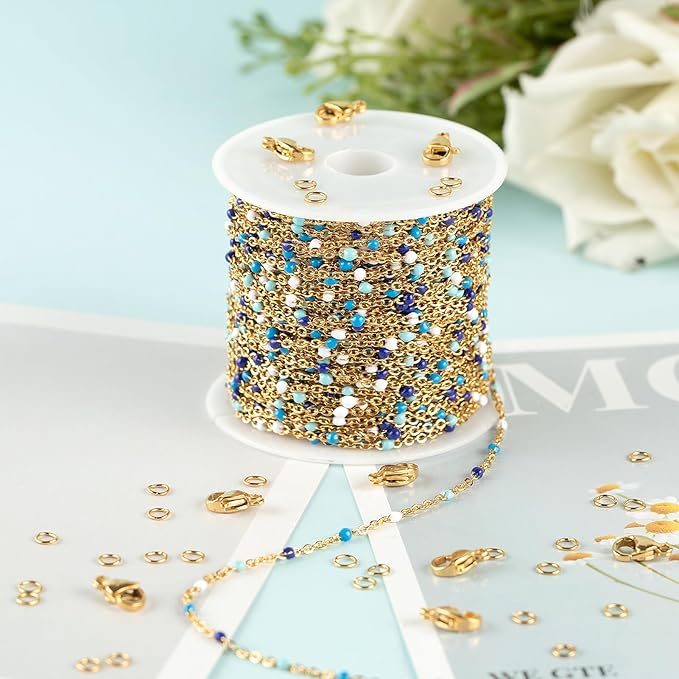 UMAOKANG 33 Feet/10M Blue Mixed Color Bead Chains for Jewelry Making Gold Plated Stainless Steel Soldered Cable Thin Chain on Spool Bracelet DIY Jewelry Findings