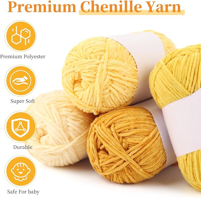 Coopay Skinny Chenille Yarn for Crocheting and Knitting, 12 Pack of 50g/1.76oz-1764yd Total, Soft Velvet Yarn of Baby Weights - Suitable for Baby Blankets, Plush Toys - Super Soft (Yellow Gradient)