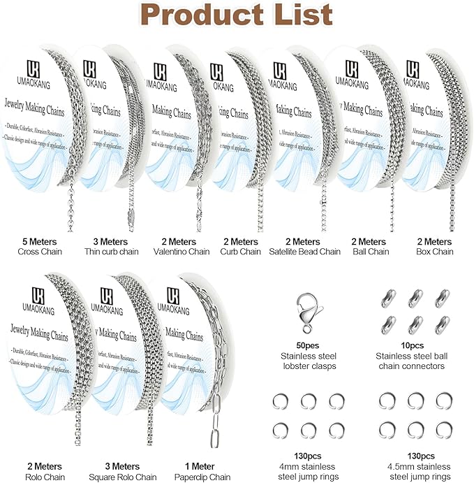UMAOKANG Stainless Steel Chain for Jewelry Making 78.7 Feet 10 Rolls Stainless Steel Chains Bulk for Necklace Bracelet DIY Jewelry Making Supplies Findings