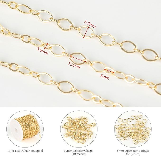 KYUNHOO 5 Meters Oval Circle Jewelry Chain Links Gold Chain Spool Women Men Bracelet Necklace Making Supplies with Lobster Clasps Jump Rings for Craft DIY Jewelry Findings