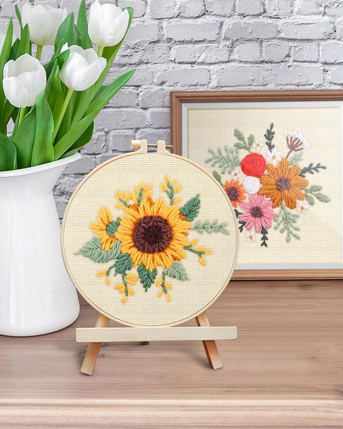 ERKOON Punch Needle Kit Adults Beginners, 2 Pcs DIY Easy Flower Embroidery Set for Starter Art Craft, Needling Punching Project with Patterns, Tools, Yarns, Hoop, Instruction (Colorful Flowers)