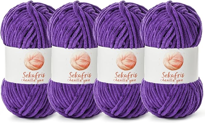 4 Pack Chunky Chenille Yarn for Crocheting, Baby Yarn for Crocheting Soft Blanket, 349.9 yds /14.1 oz Crochet Yarn, Bulky 5 Amigurumi Yarns, Fluffy Velvet Yarns for Knitting Crafts (4 Lilac)