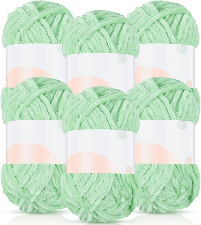 Amylove 6 Rolls Soft Velvet Chenille Yarn for Crocheting 1182 Yards Polyester Blanket Fuzzy Thick Yarn for DIY Knitting Bulky Weaving Crafts, 197 yd, 3.53 oz Each Roll(Light Green)