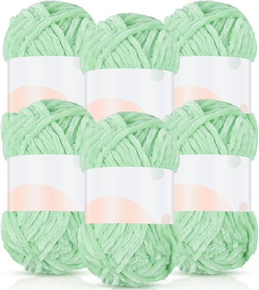 Amylove 6 Rolls Soft Velvet Chenille Yarn for Crocheting 1182 Yards Polyester Blanket Fuzzy Thick Yarn for DIY Knitting Bulky Weaving Crafts, 197 yd, 3.53 oz Each Roll(Light Green)