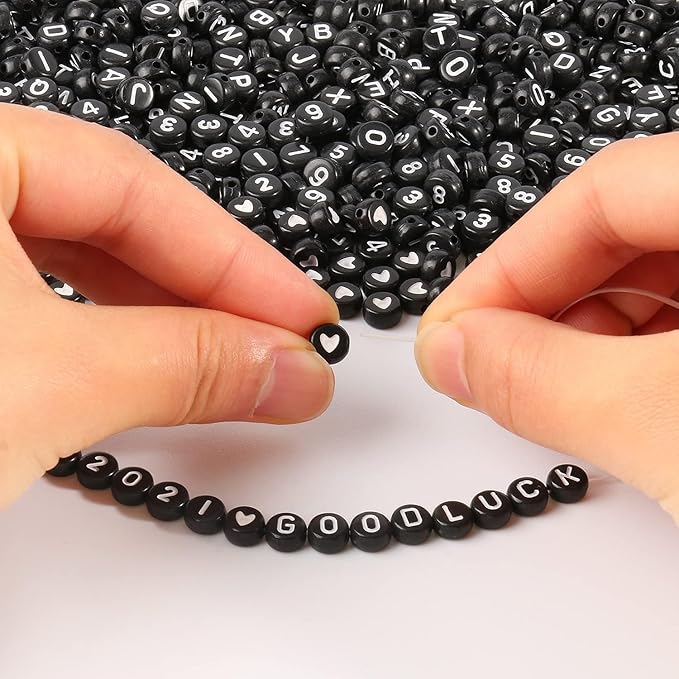 Yochus 1000pcs Black Mixed Round Acrylic Beads 4x7mm White Alphabet Number Heart Shape Bead for Jewelry Making and DIY Bracelets