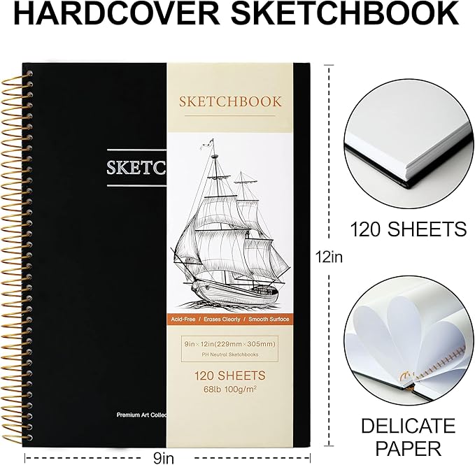 9 x 12 inches Hardcover Sketchbook for Drawing 120 Sheets Spiral Bound Sketch Pad Premium Art Sketchbook Artistic Drawing Painting Writing Paper(68lb/100gsm) for Kids Adults Beginners Artists, Black