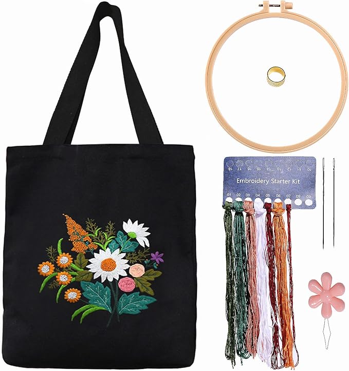 CREAWONDER Canvas Tote Bag Embroidery Kit with Pattern for Beginners, Arts and DIY Embroidery Crafts Kits for Adults, Include Instructions, Thimble, Embroidery Hoops, Color Threads and Tool