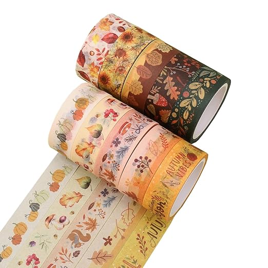 Autumn Washi Tape Set 10 Rolls - Yellow Leaves & Flowers Masking Decorative Tapes for Bullet Journal, Planner, DIY Arts Crafts, Scrapbooking Party Favors (Autumn)