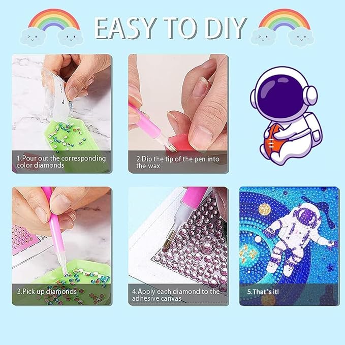 PERFECTSIGHT Cute 5D Diamond Art Kits with Wooden Frame, Kawaii DIY Painting Art for Adults Teen, Diamond Arts and Crafts Sets, Big Gem Full Drill Diamond Dots for Women Beginners (Space Astronaut)