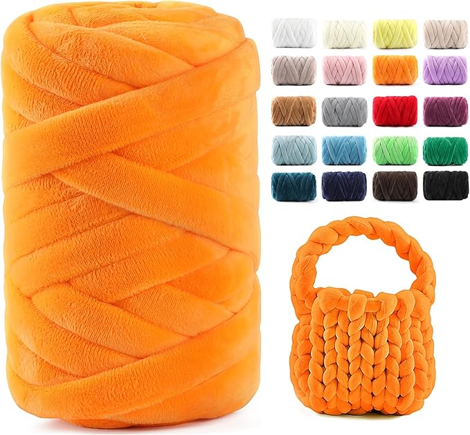 Chunky Yarn for Hand Knitting & Arm Knitting - 0.66lb Super Bulky Velvet Chenille Tube Yarn for DIY Pillows, Pet Beds, Baskets & Home Decor | No Tools Needed, Machine Washable, Orange, 1 Pack