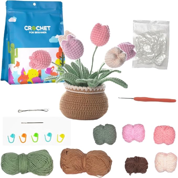 Pink Tulip Crochet Kit – Romantic Spring Home Decor & Mothers Day Gift | Beginner-Friendly DIY with Video Tutorial | Elegant Artificial Flower Plant