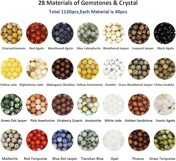 Yephac 1120pcs 6mm Natural Gemstone Beads Loose Gemstone for Jewelry Making, Hole Size 1mm Smooth Beads for DIY Bracelet Necklace Earrings,Box Packed(28 Colors-2,6mm)