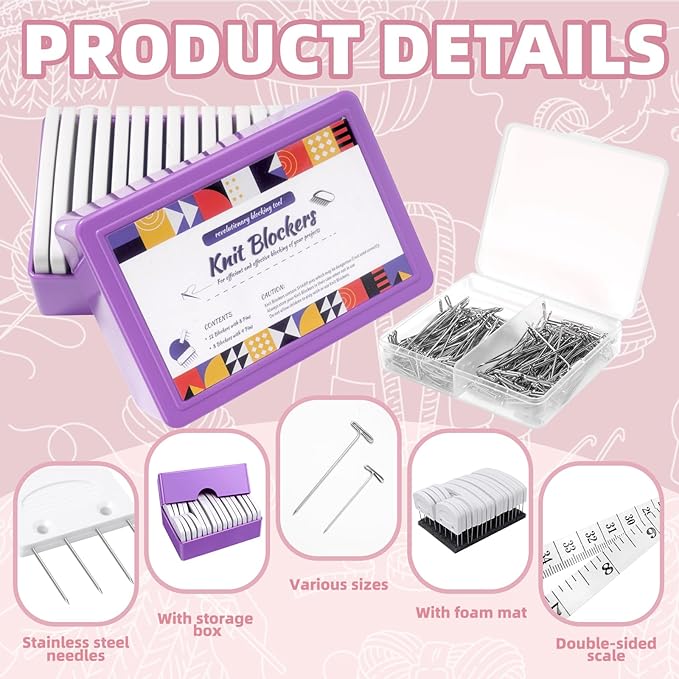 Uotey Knit Blocking Pins Kit, 20Pcs Knit Blockers Combs Pins, 110 T-pins for Blocking Knitting Crochet, Needlework Projects, Knitting Block Pins Tool for Blocking Mats
