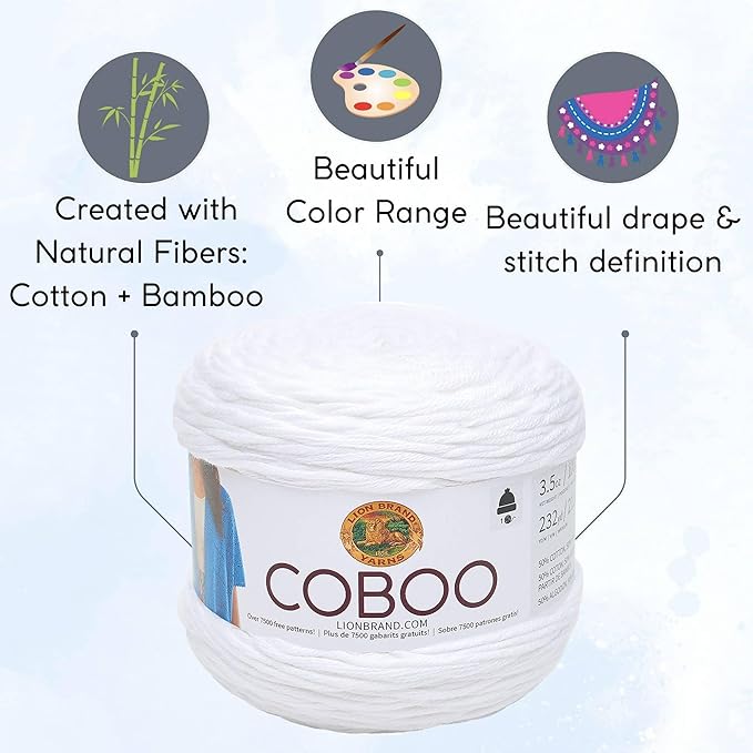 Lion Brand Coboo White 835-100 (3-Skeins - Same Dye Lot) DK Light Worsted #3 Cotton, Bamboo Yarn for Crocheting and Knitting with Project Bag