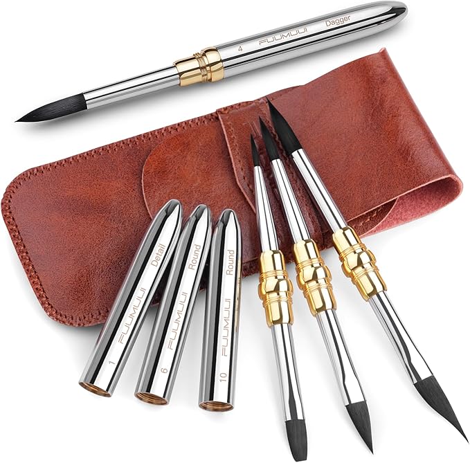 Fuumuui 3pcs Dual-Tip Travel Watercolor Brushes with 6 Versatile Tip Styles, Premium Synthetic Squirrel Hair Travel Paint Brush Set for Plein Air Painting - Watercolor Acrylic Gouache Ink