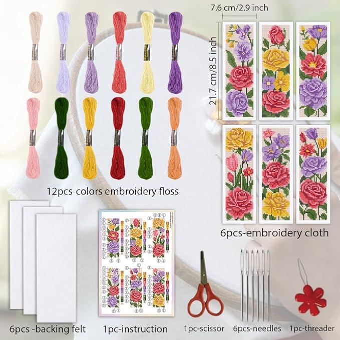 ORIGACH 6 Set Flower Cross Stitch Bookmark Kit for Beginners Red Rose Stamped Embroidery Kit Include Backing Felt and Instruction Beginner Cross Stitch Kits for Adults