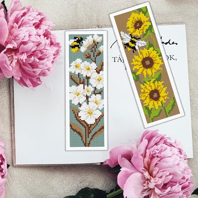INFUNLY 6pcs DIY Tulips Cross Stitch Bookmark Kits for Adults Beginner 2.99''×8.54'' Calla Stamped Embroidery Bookmark Kit with Instruction Daisy Freesia Embroidery Bookmark Set for Book Lovers
