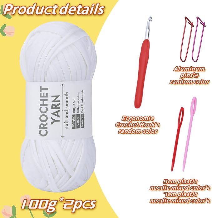 2 Pack T-Shirt Yarn Set, White Knitting Crochet T Shirt Yarn, Tshirt Yarn Kit for Crocheting, Ribbon Cotton Yarns, Knitting Yarns Ball