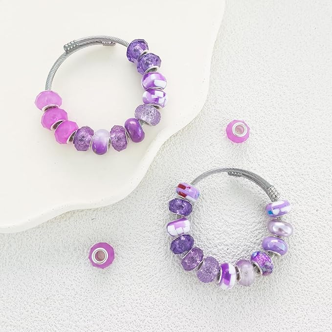 Large Hole Purple European Beads - 100 Assorted Pieces for Pens, Fairy Wand, Garden, Lampwork, Craft, Spacer, DIY Charms, Bracelet, Necklace Decoration, Jewelry Making Supplies