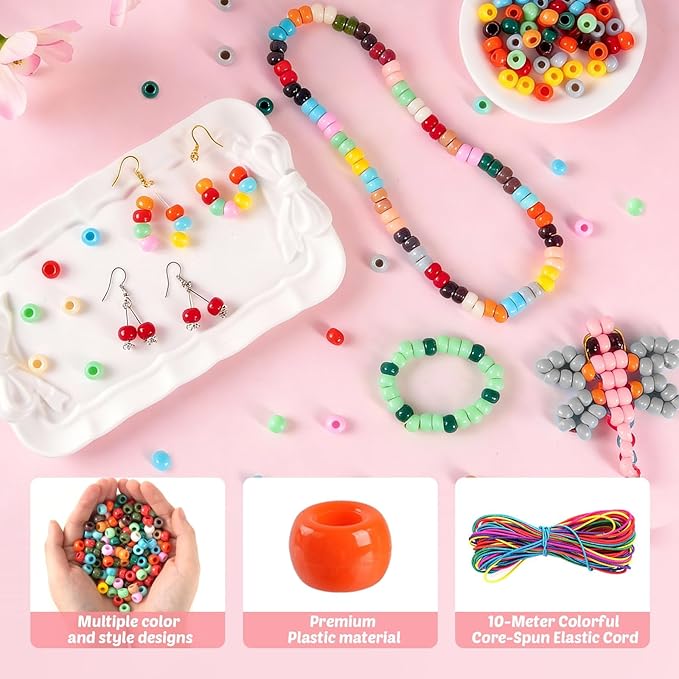 2880Pcs Pony Beads for Jewelry Making, Boho Color Plastic Pony Beads Bulk, 6×9mm Friendship Bead Bracelet Kit for Hair Braiding, Keychains, Necklaces, DIY Crafts Gifts