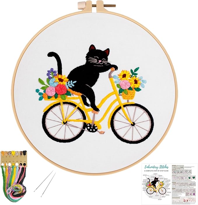 Louise Maelys Cute Cat Embroidery Kits for Beginners with Flower Bike Pattern,Adults Starter Cross Stitch Kit DIY Needlepoint