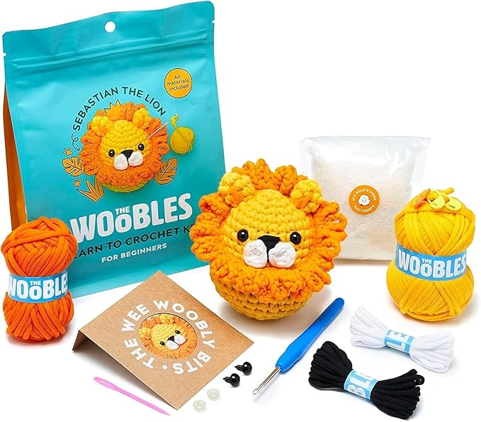 the woobles crochet kit for beginners - easy arts and crafts knitting & crochet animals kit as seen on shark tank - sebastian the lion